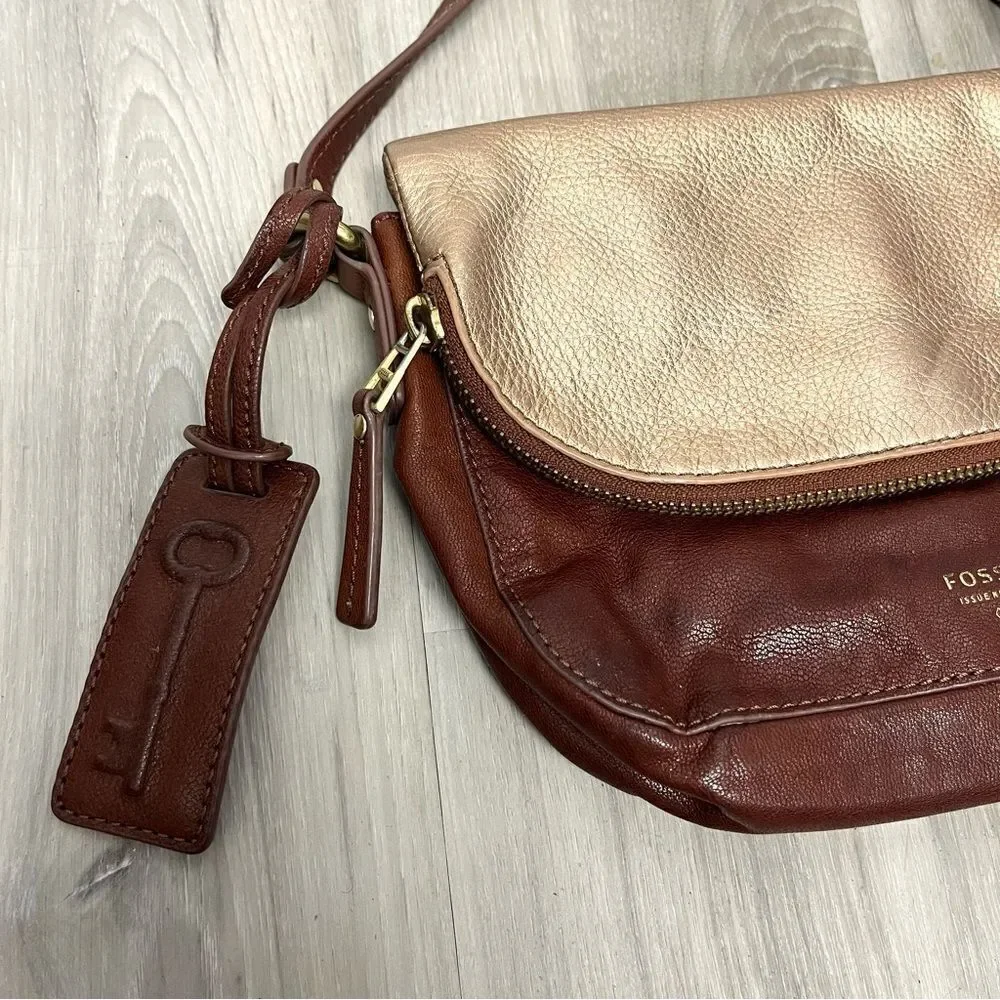 Fossil Purse Women’s Preston Brown & Gold‎ Leather Snap Fold-Over Flap Crossbody